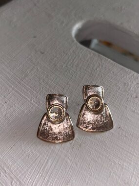Set of Textured Stud Earrings with Clear Crystal set in silver metal  w gold